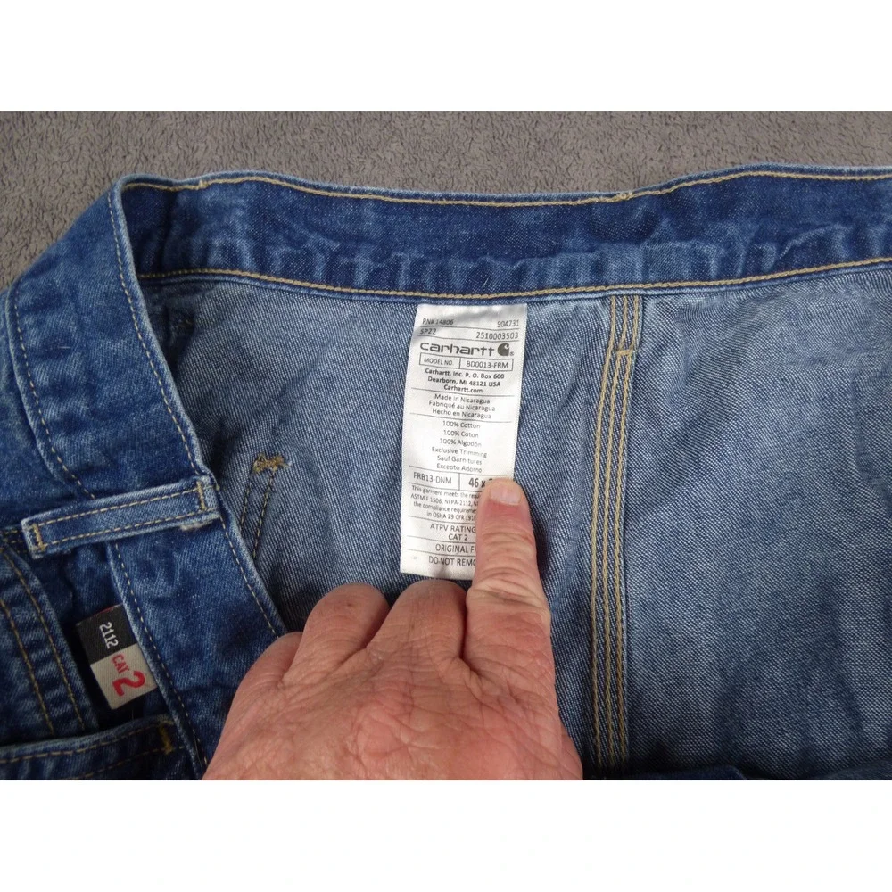 Carhartt FR Flame Resistant Dungaree Jeans Mens 46x21 Blue Denim FRB13-DNM CAT 2